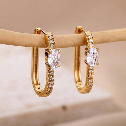 BLUEW Oval CZ Paved Huggie Hoop Earrings – 14K Gold Plated Elegant Design