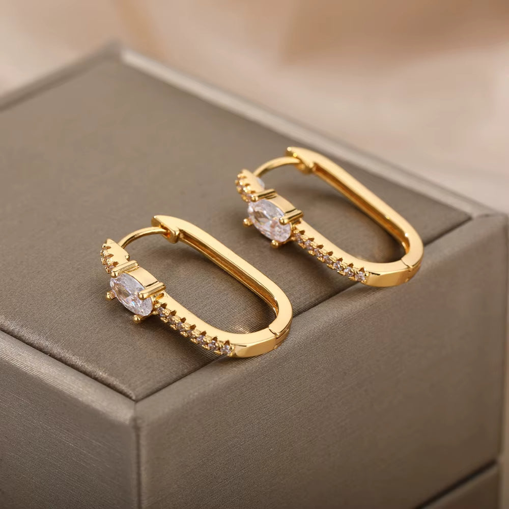BLUEW Oval CZ Paved Huggie Hoop Earrings – 14K Gold Plated Elegant Design