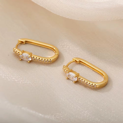 BLUEW Oval CZ Paved Huggie Hoop Earrings – 14K Gold Plated Elegant Design